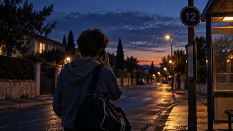 A bus stop at nightfall, route 12; a secondary school pupil seen from behind, sports bag on one shoulder, a small phone with green keys held to their ear.