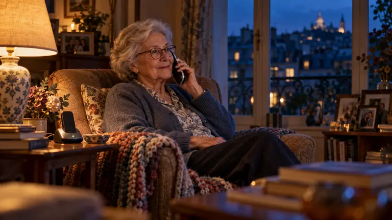 In the evening, in her living room, an older woman sits in her armchair, smiling as she talks on her landline handset; the base, beside the lamp, shows a small green light.