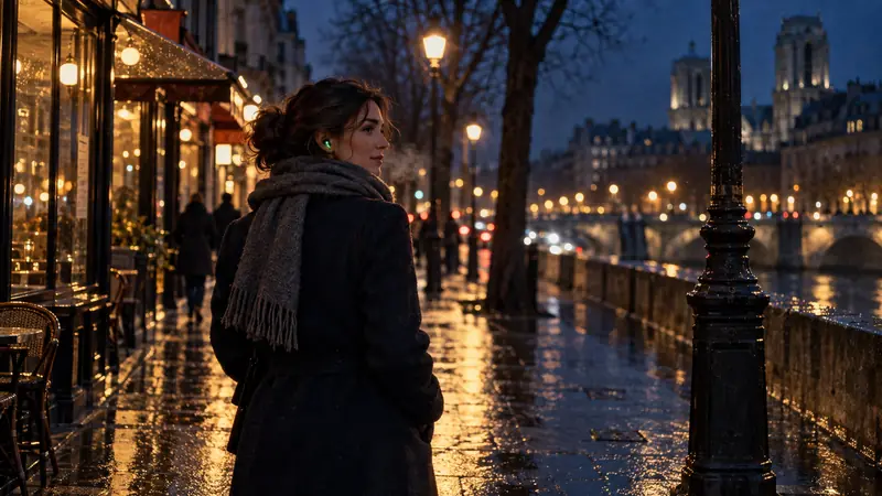 Evening rain on a Paris riverside: a woman in a coat and scarf walks, an earbud lit green in her ear, her phone put away.
