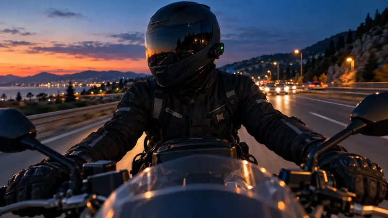 A motorcyclist at dusk on a dual carriageway, full-face helmet, the intercom on its side lit green, both hands on the handlebars.