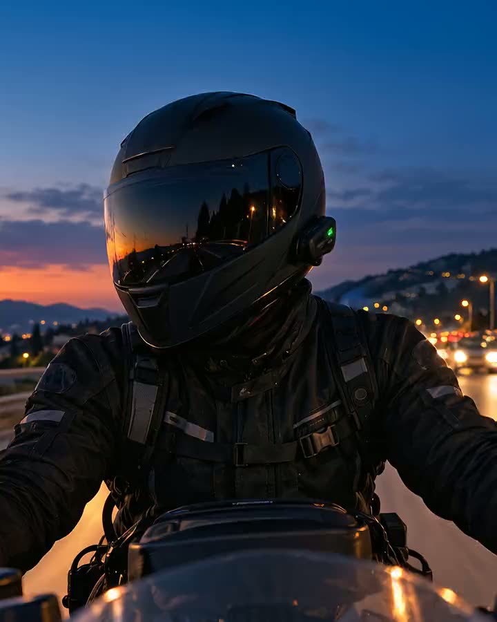 A rider at dusk talks to Oscar through his helmet.