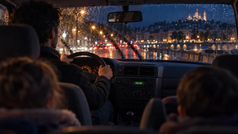 Inside an old car at night in the rain, seen from the back seat: the driver holds the wheel with both hands, two children seen from behind; the screenless car radio shows OSCAR in green.
